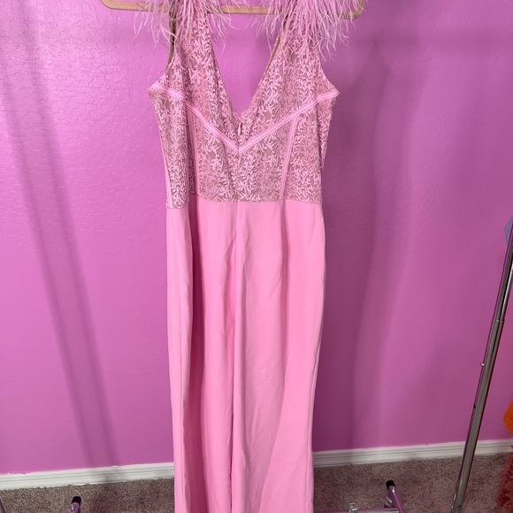 NADINE MERABI Ostrich Feather Lace Bodice Jumpsuit in Pink sz 10 - Picture 6 of 6